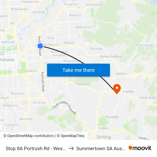 Stop 8A Portrush Rd - West side to Summertown SA Australia map