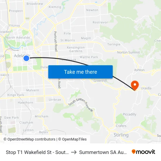 Stop T1 Wakefield St - South side to Summertown SA Australia map