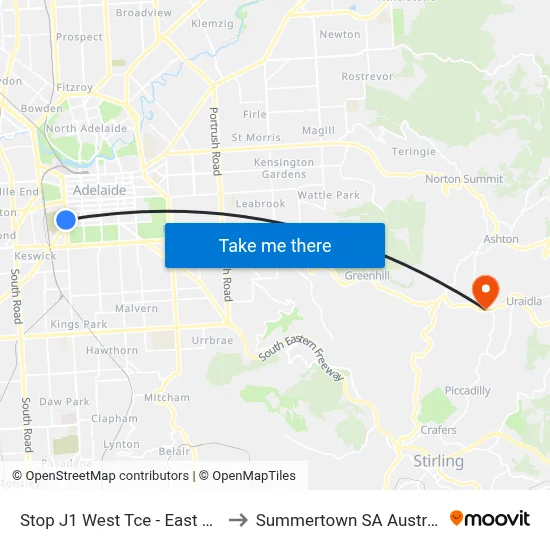 Stop J1 West Tce - East side to Summertown SA Australia map