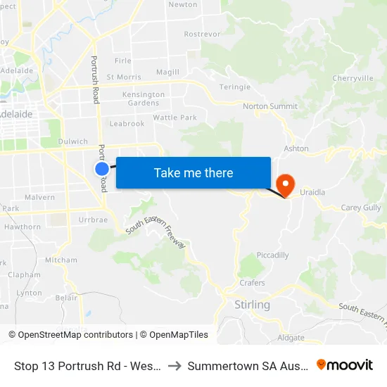 Stop 13 Portrush Rd - West side to Summertown SA Australia map