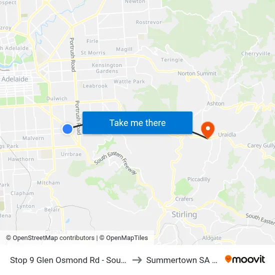 Stop 9 Glen Osmond Rd - South West side to Summertown SA Australia map