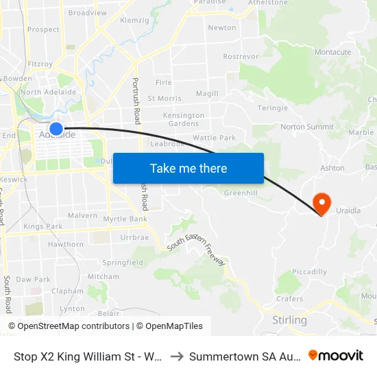 Stop X2 King William St - West side to Summertown SA Australia map