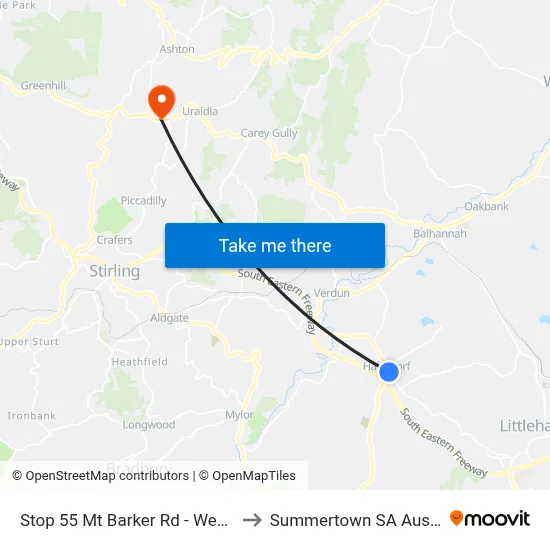 Stop 55 Mt Barker Rd - West side to Summertown SA Australia map