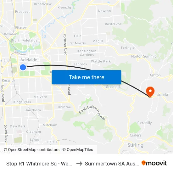Stop R1 Whitmore Sq - West side to Summertown SA Australia map