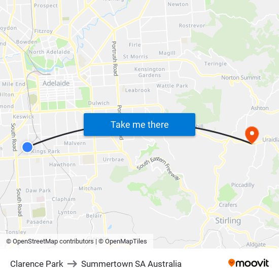 Clarence Park to Summertown SA Australia map