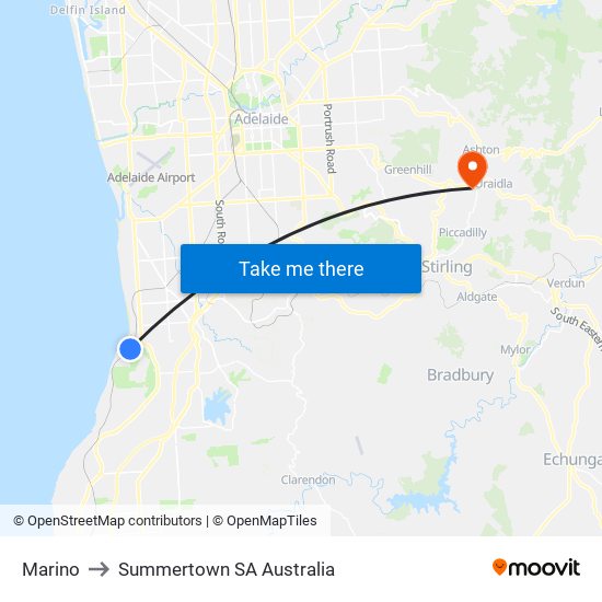 Marino to Summertown SA Australia map