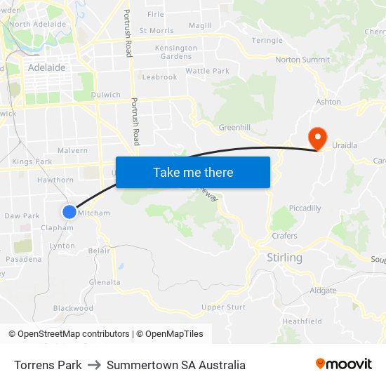 Torrens Park to Summertown SA Australia map