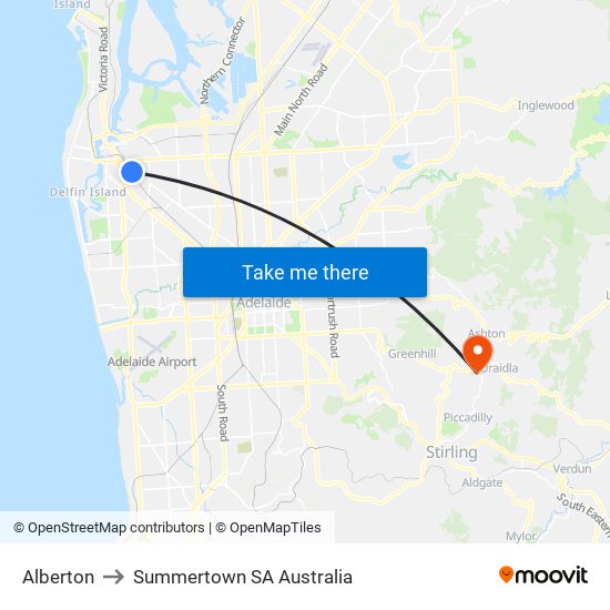 Alberton to Summertown SA Australia map