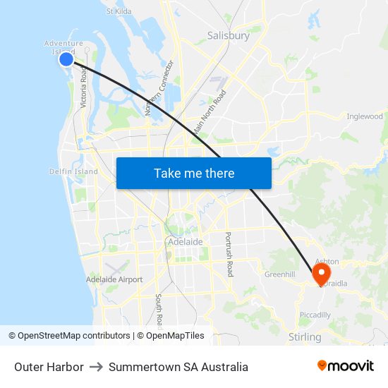 Outer Harbor to Summertown SA Australia map