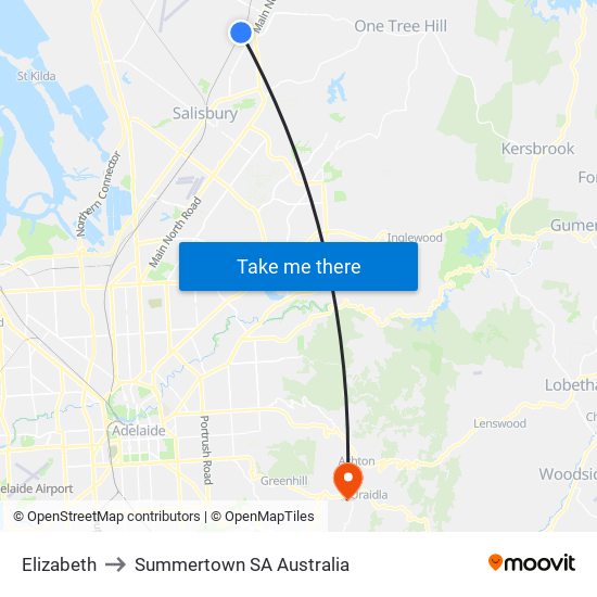 Elizabeth to Summertown SA Australia map