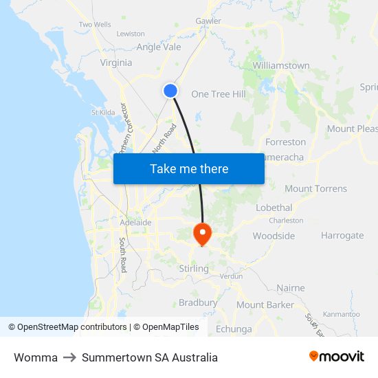 Womma to Summertown SA Australia map