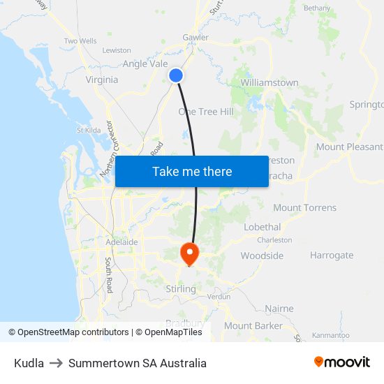 Kudla to Summertown SA Australia map
