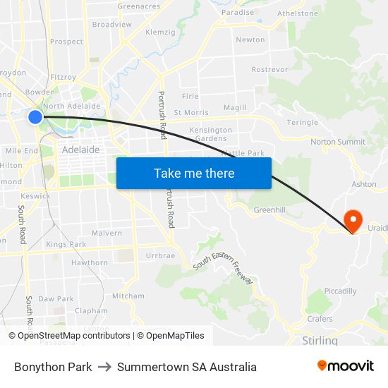 Bonython Park to Summertown SA Australia map