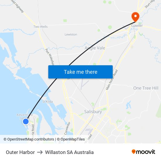 Outer Harbor to Willaston SA Australia map