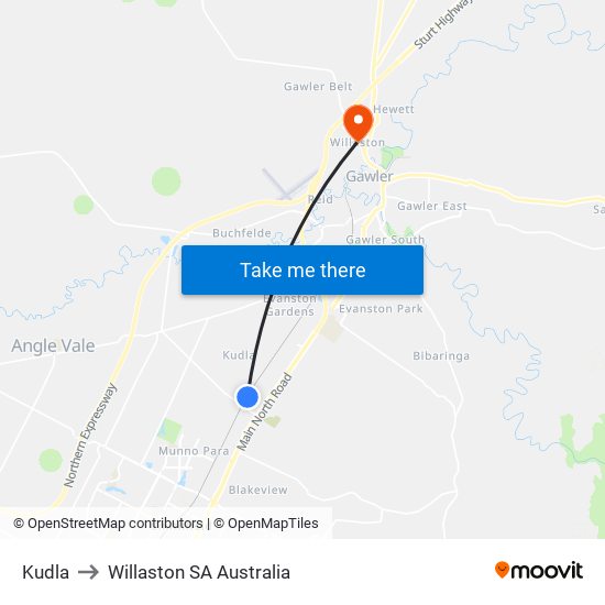 Kudla to Willaston SA Australia map