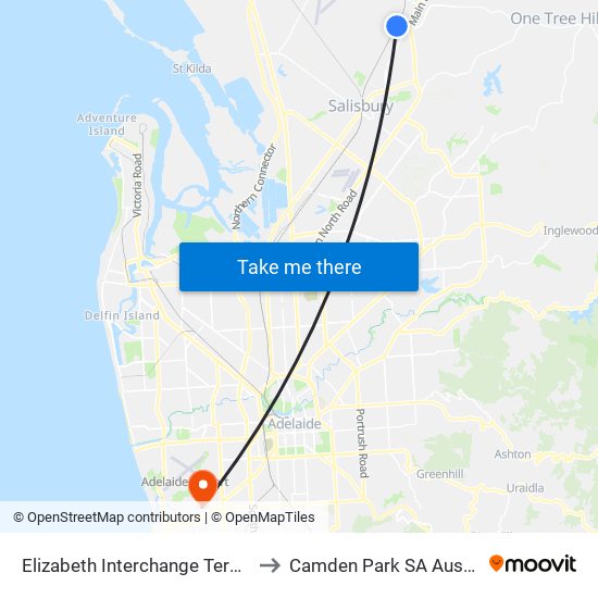 Elizabeth Interchange Terminus to Camden Park SA Australia map