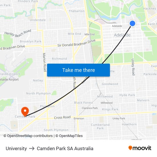 University to Camden Park SA Australia map