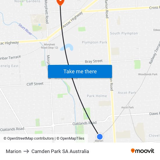 Marion to Camden Park SA Australia map