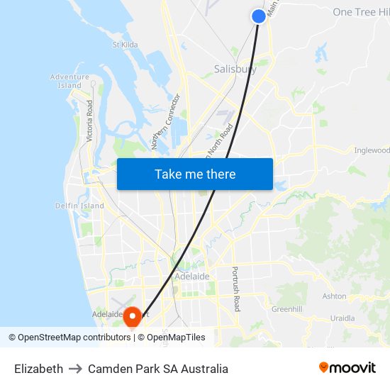 Elizabeth to Camden Park SA Australia map