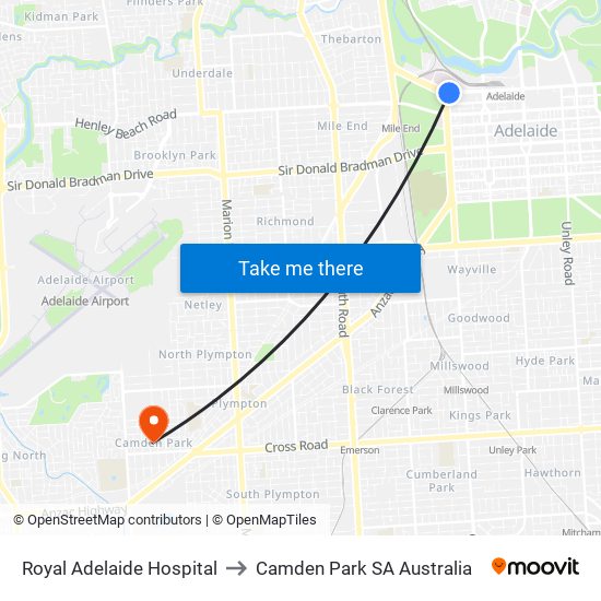 Royal Adelaide Hospital to Camden Park SA Australia map