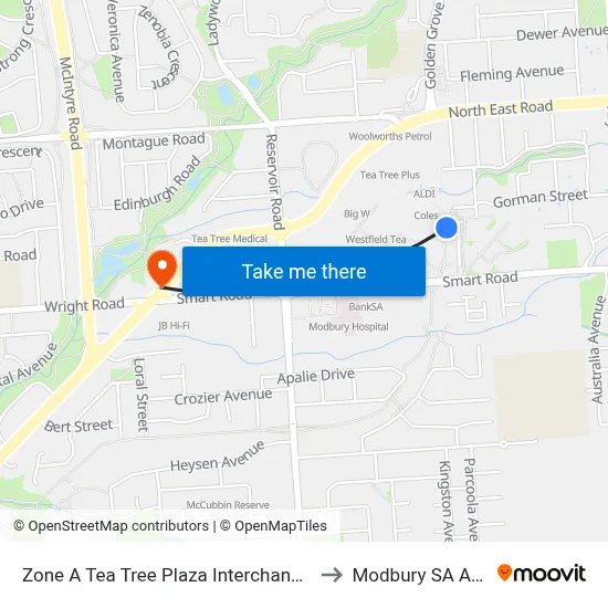 Zone A Tea Tree Plaza Interchange - West side to Modbury SA Australia map