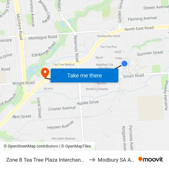 Zone B Tea Tree Plaza Interchange - West side to Modbury SA Australia map