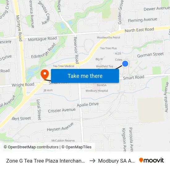 Zone G Tea Tree Plaza Interchange - East side to Modbury SA Australia map