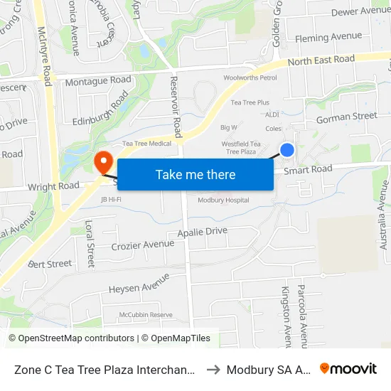 Zone C Tea Tree Plaza Interchange - West side to Modbury SA Australia map