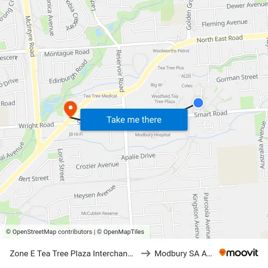 Zone E Tea Tree Plaza Interchange - East side to Modbury SA Australia map