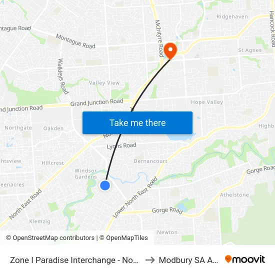 Zone I Paradise Interchange - North West side to Modbury SA Australia map
