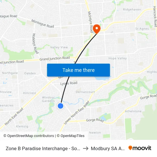 Zone B Paradise Interchange - South East side to Modbury SA Australia map