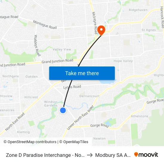 Zone D Paradise Interchange - North West side to Modbury SA Australia map