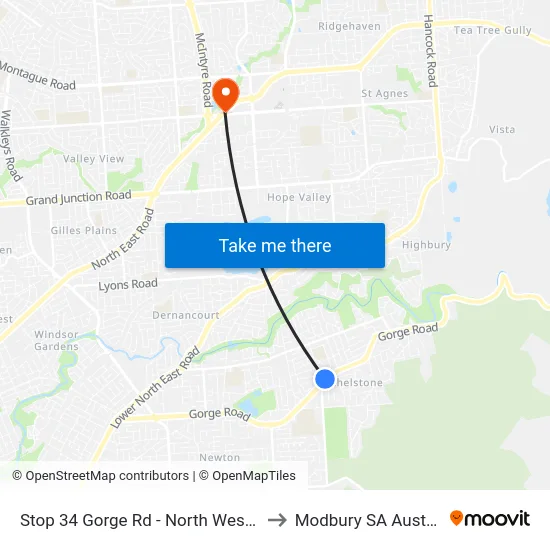 Stop 34 Gorge Rd - North West side to Modbury SA Australia map