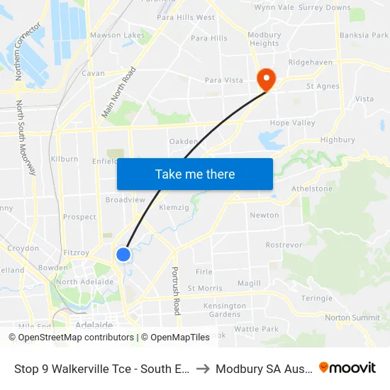 Stop 9 Walkerville Tce - South East side to Modbury SA Australia map