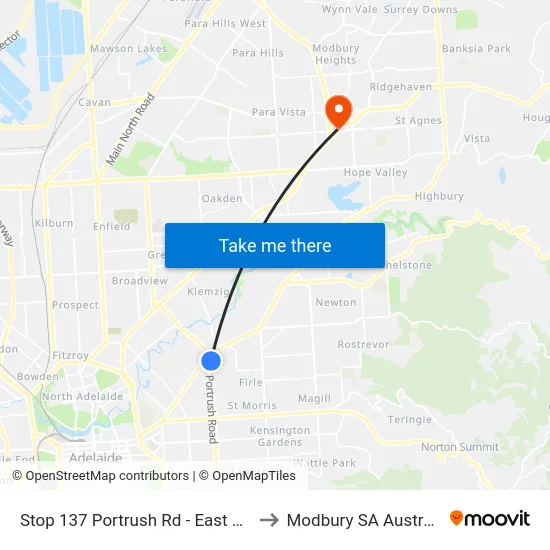 Stop 137 Portrush Rd - East side to Modbury SA Australia map