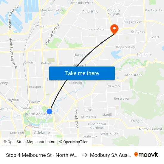 Stop 4 Melbourne St - North West side to Modbury SA Australia map