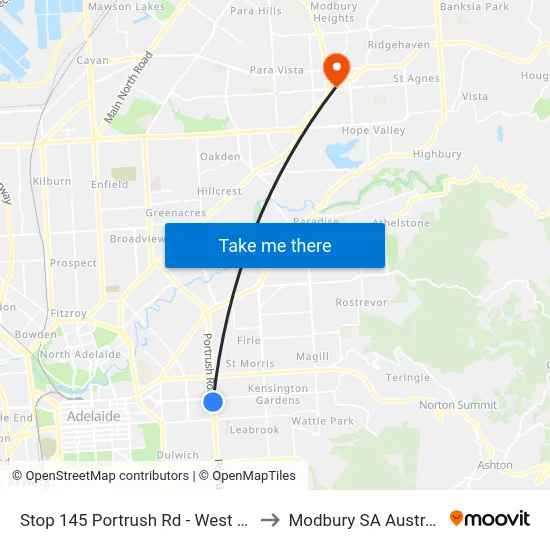 Stop 145 Portrush Rd - West side to Modbury SA Australia map