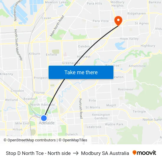 Stop D North Tce - North side to Modbury SA Australia map