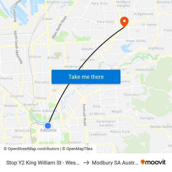 Stop Y2 King William St - West side to Modbury SA Australia map