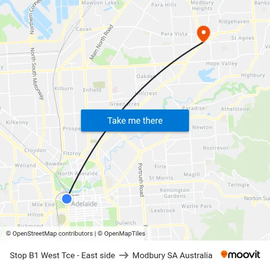 Stop B1 West Tce - East side to Modbury SA Australia map