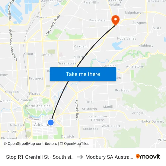 Stop R1 Grenfell St - South side to Modbury SA Australia map