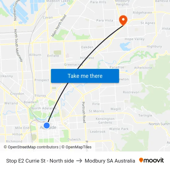 Stop E2 Currie St - North side to Modbury SA Australia map