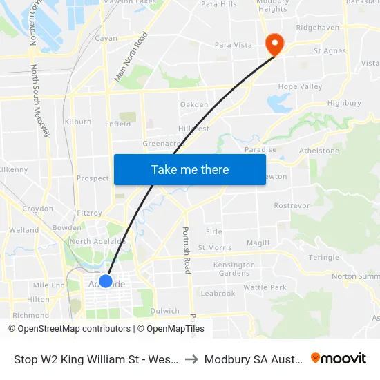 Stop W2 King William St - West side to Modbury SA Australia map
