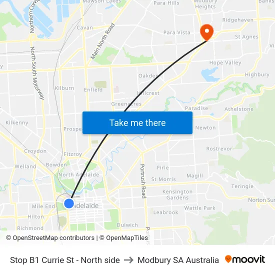 Stop B1 Currie St - North side to Modbury SA Australia map