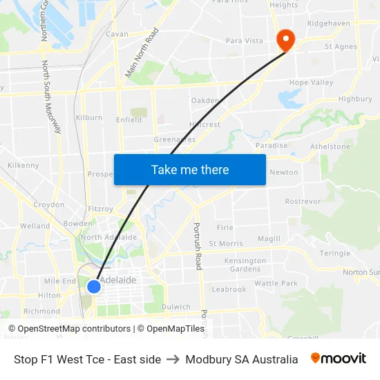Stop F1 West Tce - East side to Modbury SA Australia map