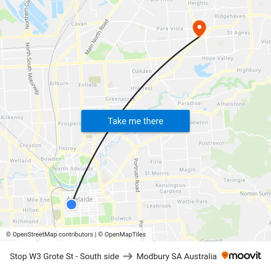 Stop W3 Grote St - South side to Modbury SA Australia map