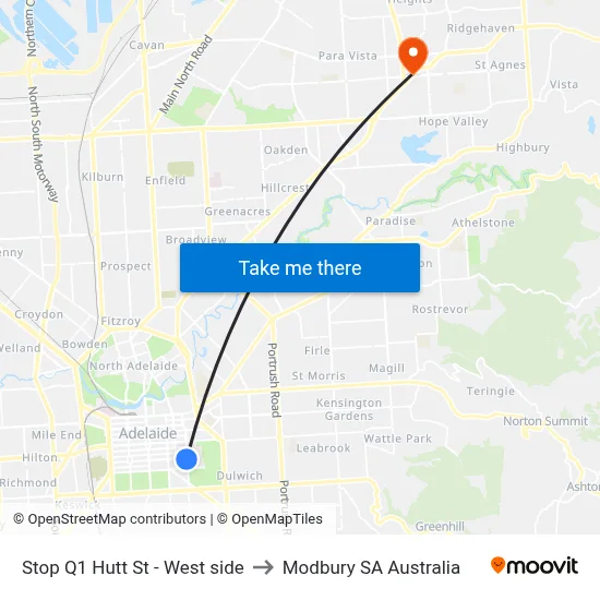Stop Q1 Hutt St - West side to Modbury SA Australia map