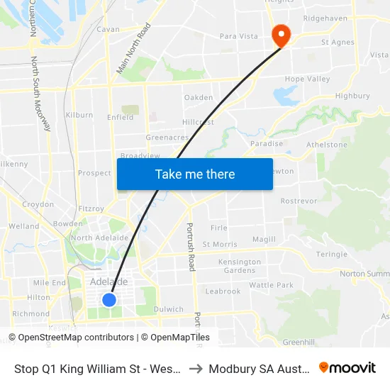Stop Q1 King William St - West side to Modbury SA Australia map