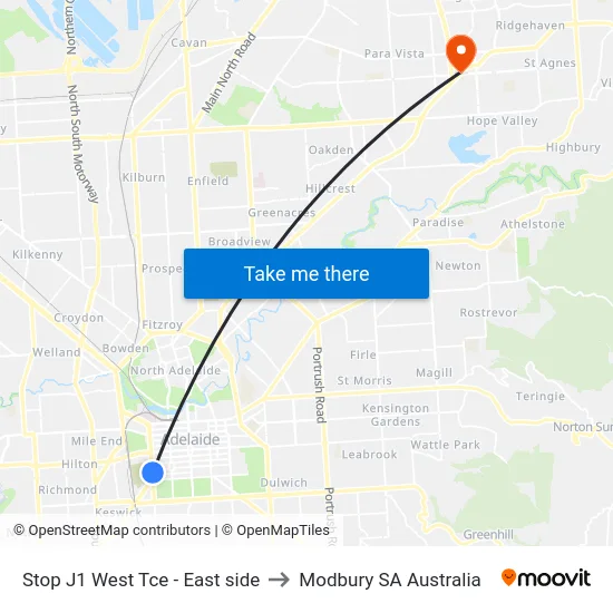 Stop J1 West Tce - East side to Modbury SA Australia map