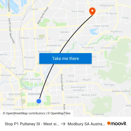 Stop P1 Pulteney St - West side to Modbury SA Australia map